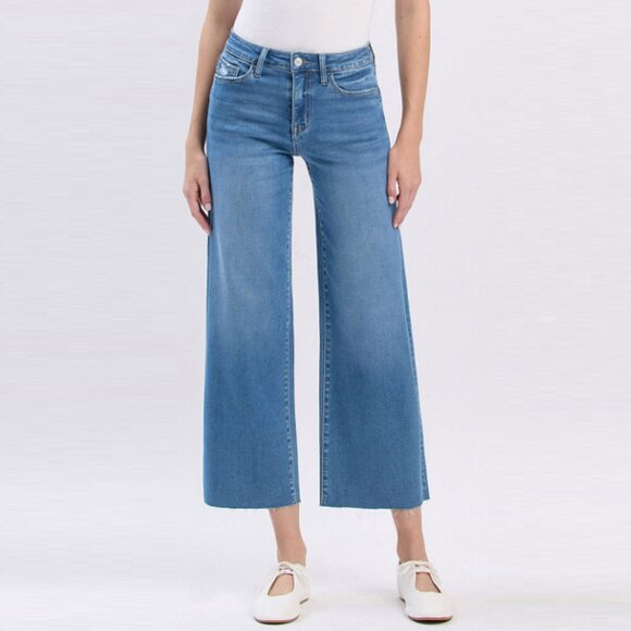 Vervet High Rise Clean Cut Raw Hem Crop Slim Wide Jeans - Picture 1 of 3